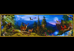 Panoramic scene of a forest with various animals and a mountainous background.