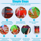 Step-by-step guide to a diamond painting process with corresponding images and text.