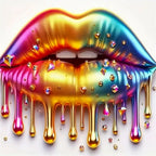 Colorful lips with gemstones and gold liquid on a white background