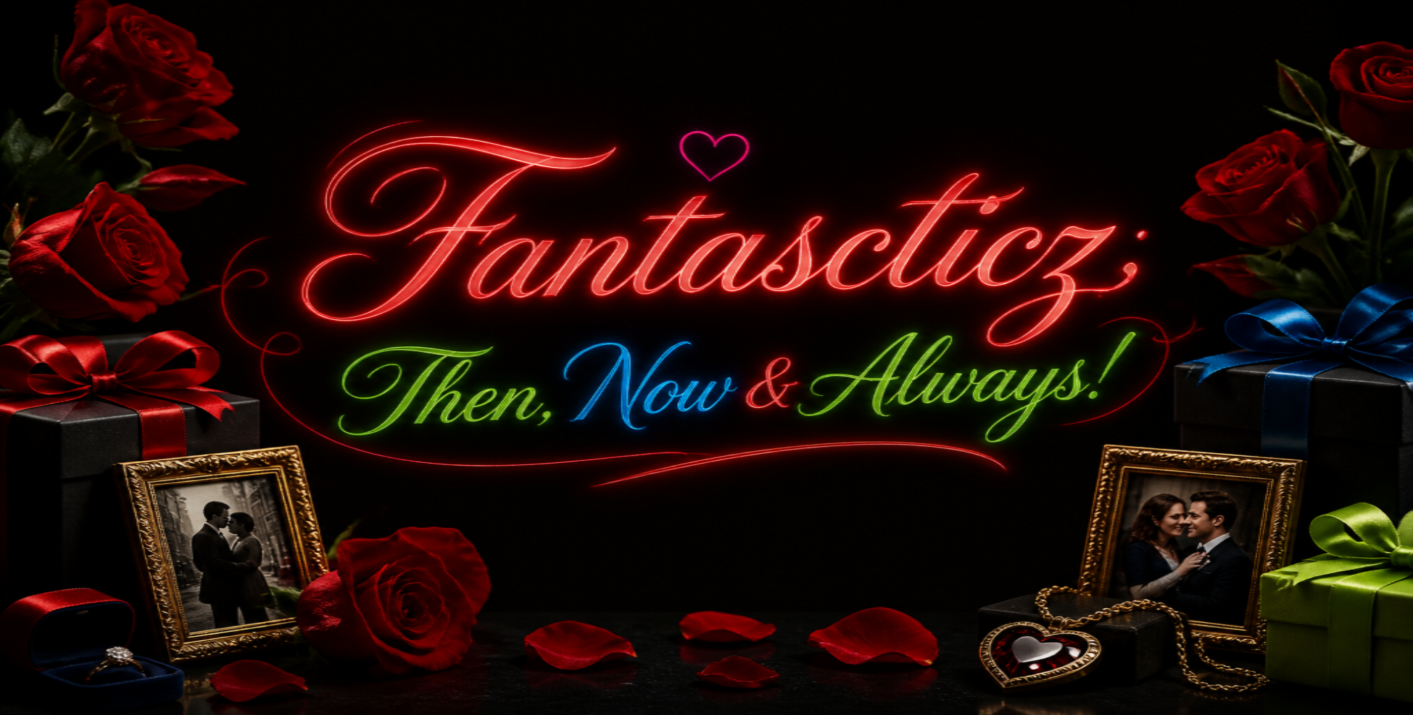 Neon sign with 'Fantastycz, Then, Now & Always!' text surrounded by romantic elements like roses and gift boxes.